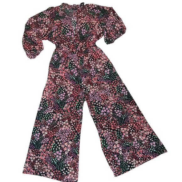 Zara floral pink black wide leg jumpsuit stretchy size women's small v-neck - Picture 3 of 5